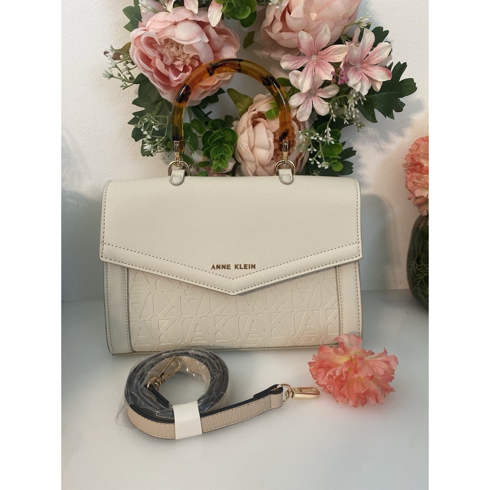 Anne‎ Klein Convertible Handbag Crossbody Embossed AK Strap Beige Faux Tortoise